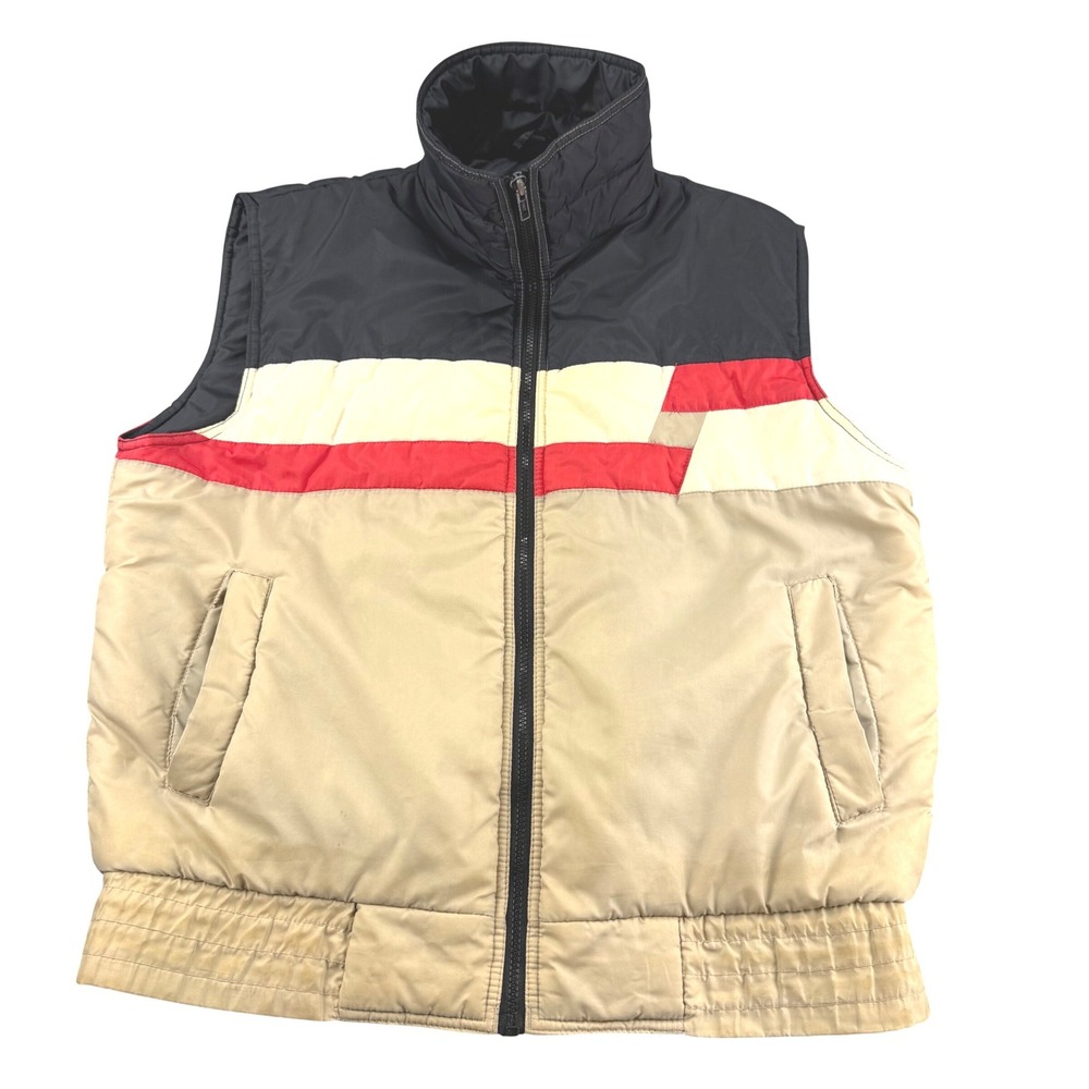 Vintage Shipton Sportswear Puffer Vest Mens Large Colorblock Black Tan Red Zip - Picture 2 of 16